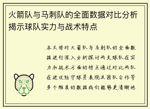 火箭队与马刺队的全面数据对比分析揭示球队实力与战术特点